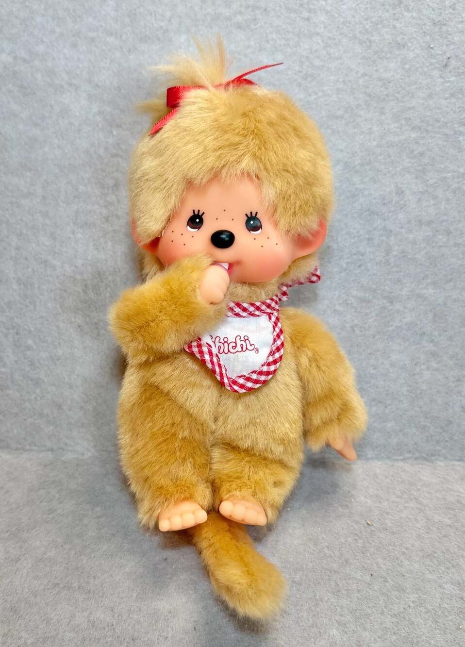 Monchhichi Sekiguchi Beige Girl 8” Plush Doll Red Gingham Bib Bow Authentic